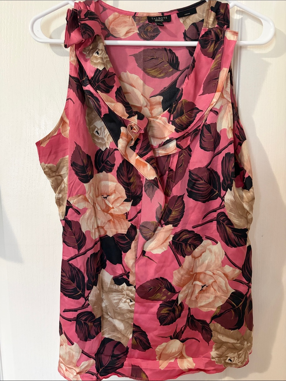 Talbots Silk Pink Floral Ruffle V-Neck Tank Blouse